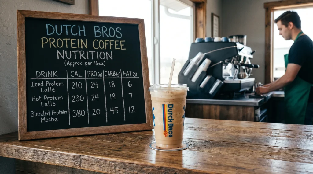 Dutch Bros Protein Coffee Menu Prices, Calories & Flavors 8 A nutrition chart for Dutch Bros protein coffee showing calories, protein, carbs, and fat beside a protein latte on a café counter.