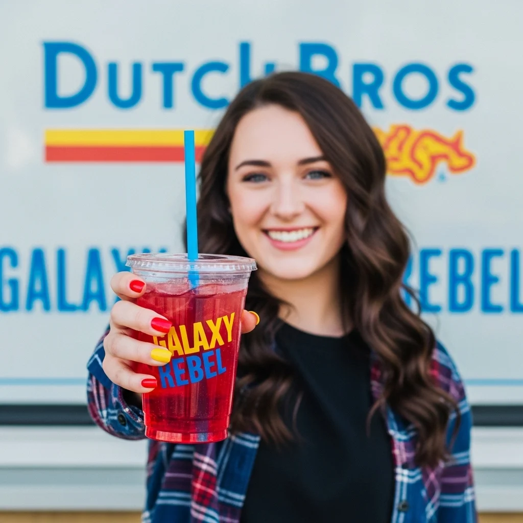 A young adult Caucasian female with light-medium skin, long, dark brown, wavy hair, and blue eyes is smiling broadly, holding a clear plastic cup with a red drink and a blue straw, extended towards the camera. The cup has yellow and blue writing on its side. 