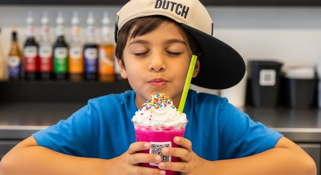 Dutch Bros Kids Menu with Prices: 5 A kids wearing blue shirt enjoying dutch bros kids drinks.
