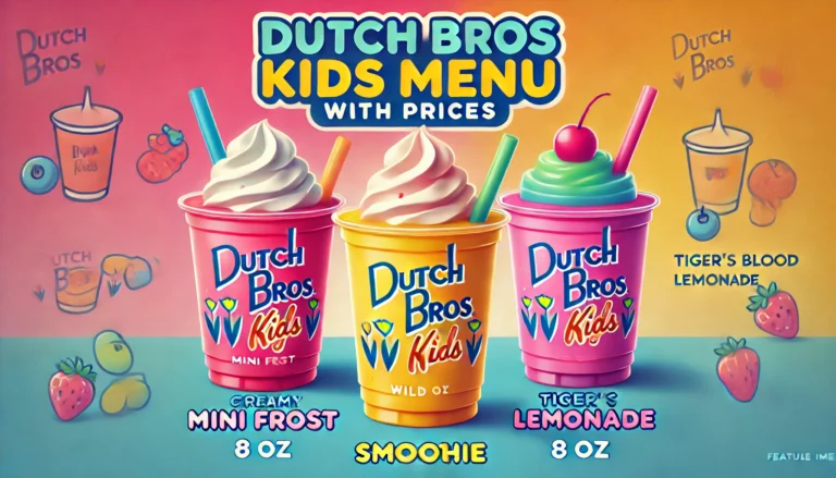 Three colorful Dutch Bros kids drinks including a Mini Frost, fruity smoothie, and Tiger’s Blood Lemonade with the text 'Dutch Bros Kids Menu with Prices'.