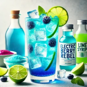How to Make a Dutch Bros Rebel Energy Drink at Home 3 A tall glass of bright blue Electric Berry Rebel drink with a lime garnish.