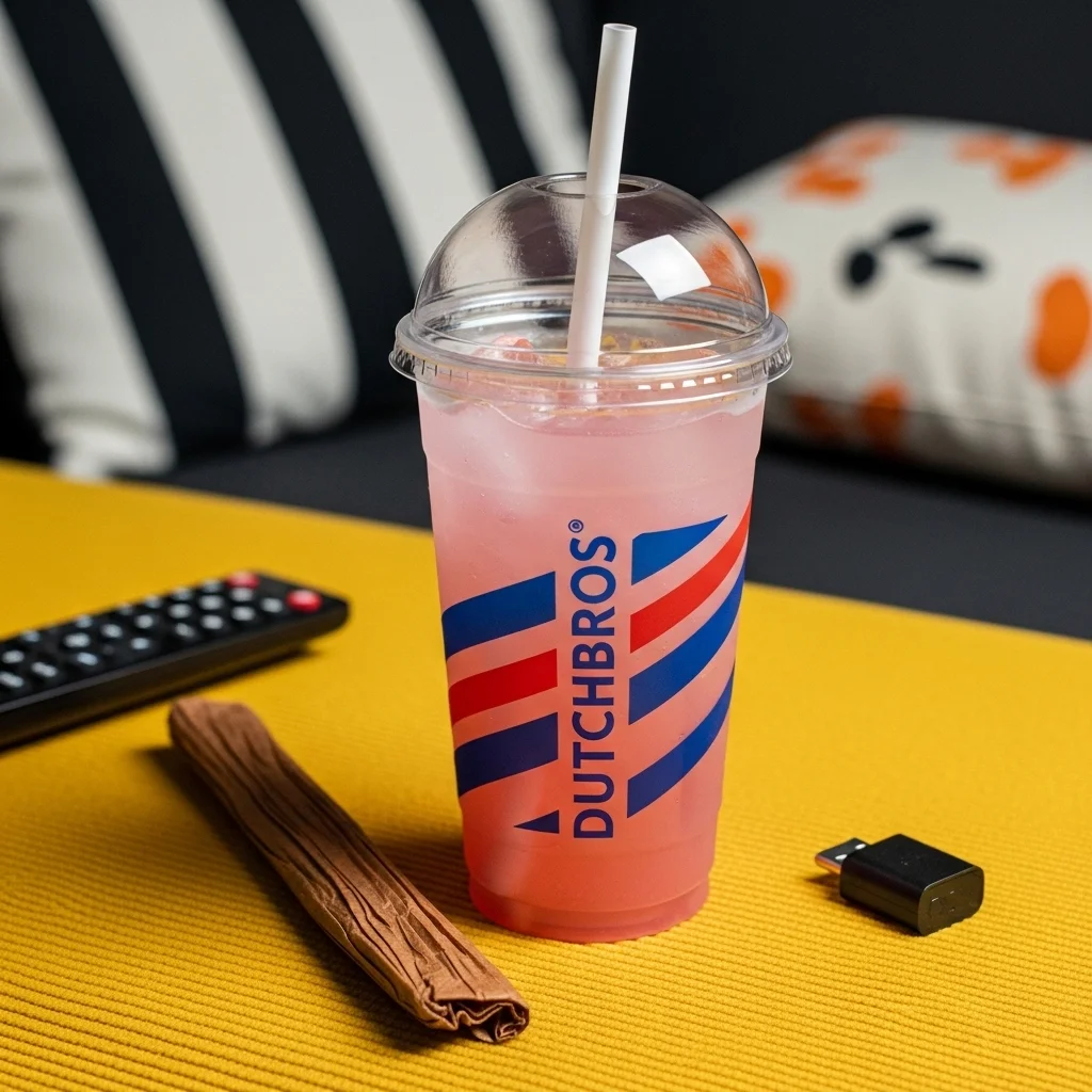 A tall, clear plastic cup filled with a Majestic Forest Rebel light pink liquid and ice cubes. A white plastic straw protrudes from the clear domed lid of the cup.