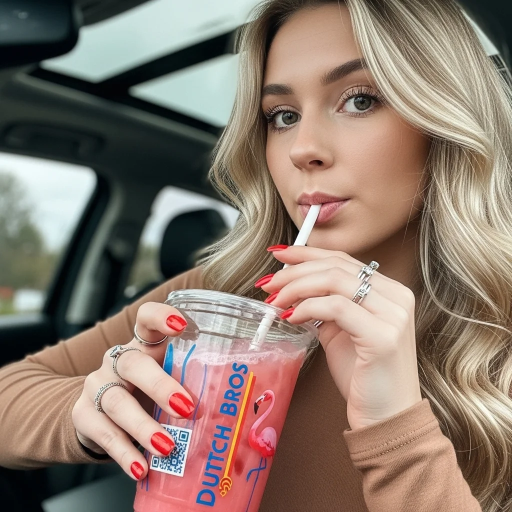 A fair-skinned female, approximately in her late teens or early twenties, with long, wavy blonde hair, drinking a Pink Flamingo Rebel.