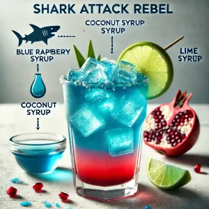 How to Make a Dutch Bros Rebel Energy Drink at Home 2 A tall glass of vibrant blue-red Shark Attack Rebel drink with lime and pomegranate garnish.