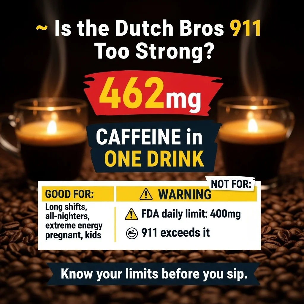 911 Dutch Bros Menu Prices: Ingredient, Caffeine Content, and Nutrition Facts 3 Infographic showing Dutch Bros 911 drink with 462mg caffeine, exceeding FDA daily limit of 400mg; highlights who should and shouldn’t drink it.