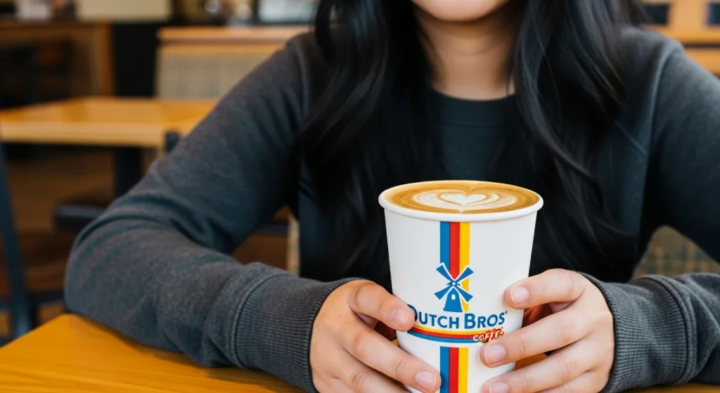 911 Dutch Bros Menu Prices: Ingredient, Caffeine Content, and Nutrition Facts 1 A woman with 911 hot drink in a dutch bros coffee shop