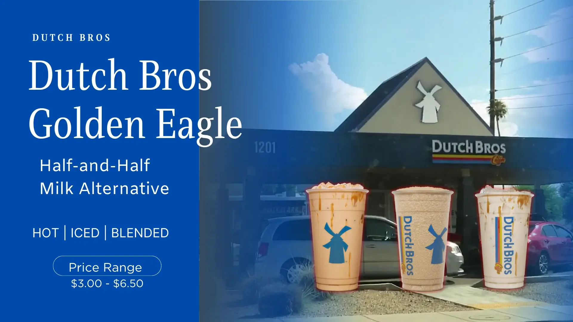 A golden eagle drinks from dutch bros menu with prices text.