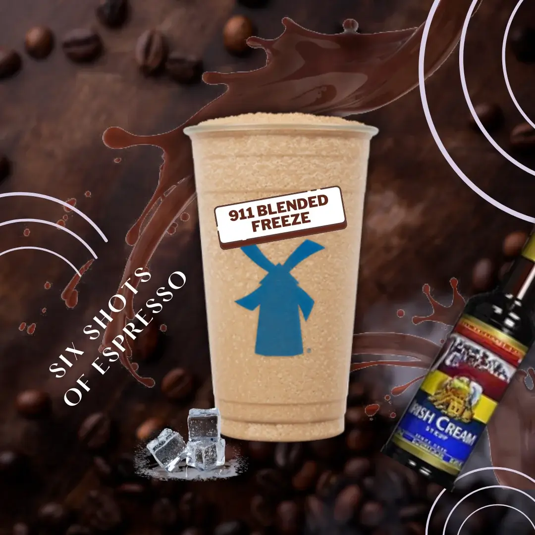 A 911 Blended Freeze cup with six espresso shots, Irish cream syrup, and iced coffee splashes.