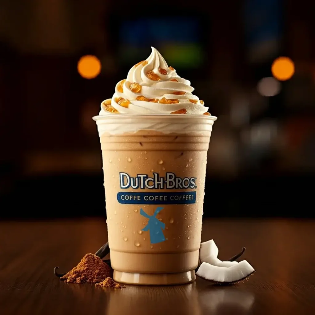 A Dutch Bros Blended Freeze topped with whipped cream and caramel drizzle, surrounded by coconut, vanilla, and cocoa on a wooden surface.