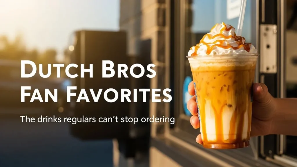 Fan Favorites Menu with Prices: Top Dutch Bros Picks and Must-Try Drinks 6 A man holding a Dutch Bros-style iced caramel drink with the thumbnail title “Dutch Bros Fan Favorites.”