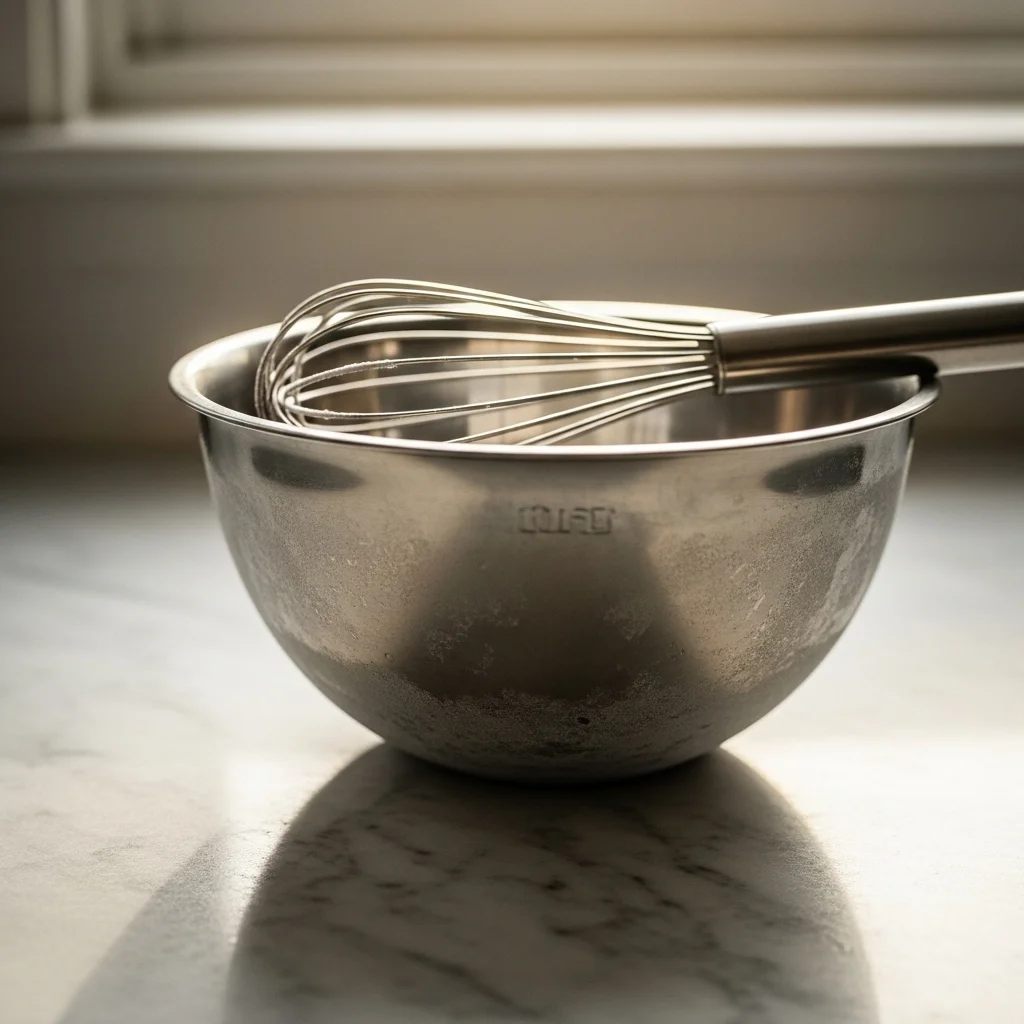Cold mixing bowl and whisk ready for whipping cream