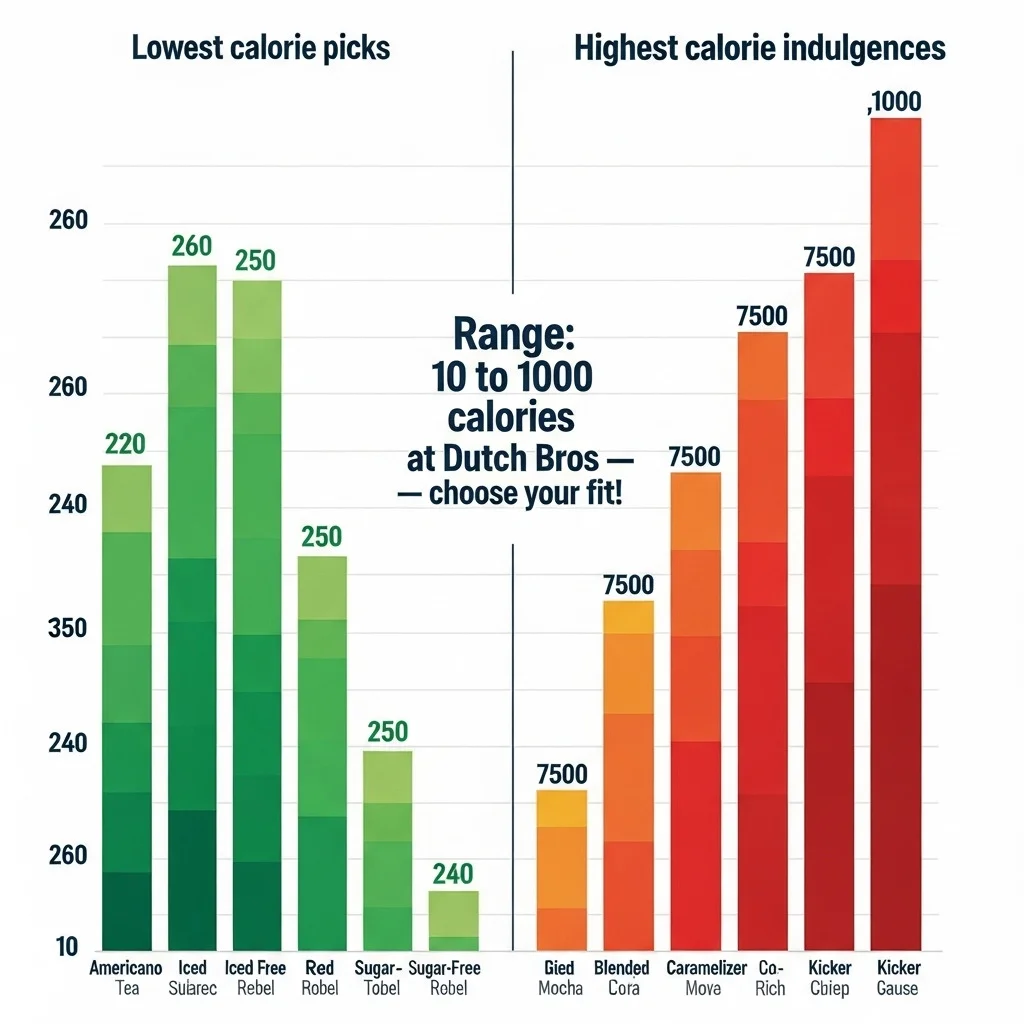 Dutch Bros Calories Menu:<gwmw style="display:none;"></gwmw> 2 A colorful infographic that explain about Lowest vs. Highest Calorie Drinks at Dutch Bros