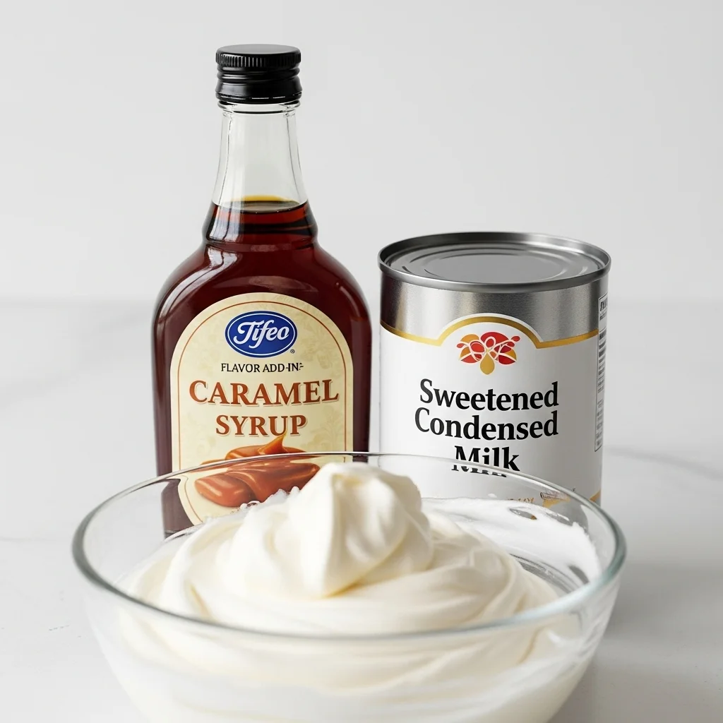 Handheld frother whipping cream mixture to soft peaks