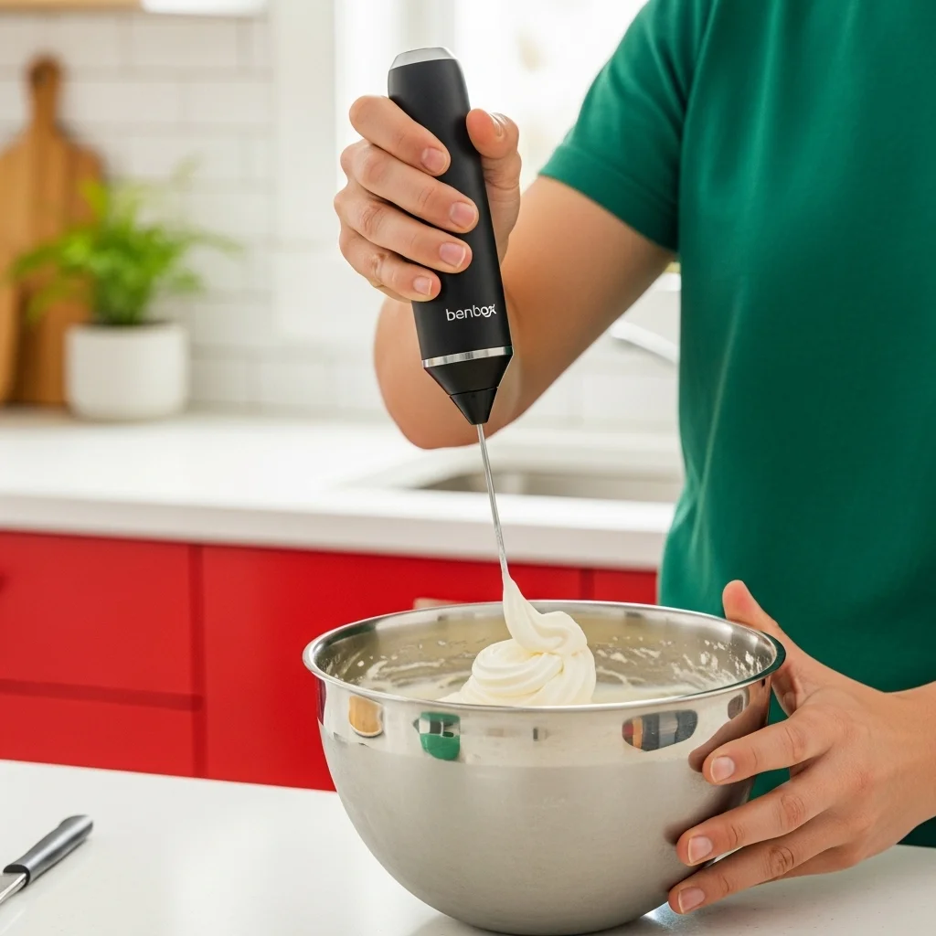 Handheld frother whipping cream mixture to soft peaks