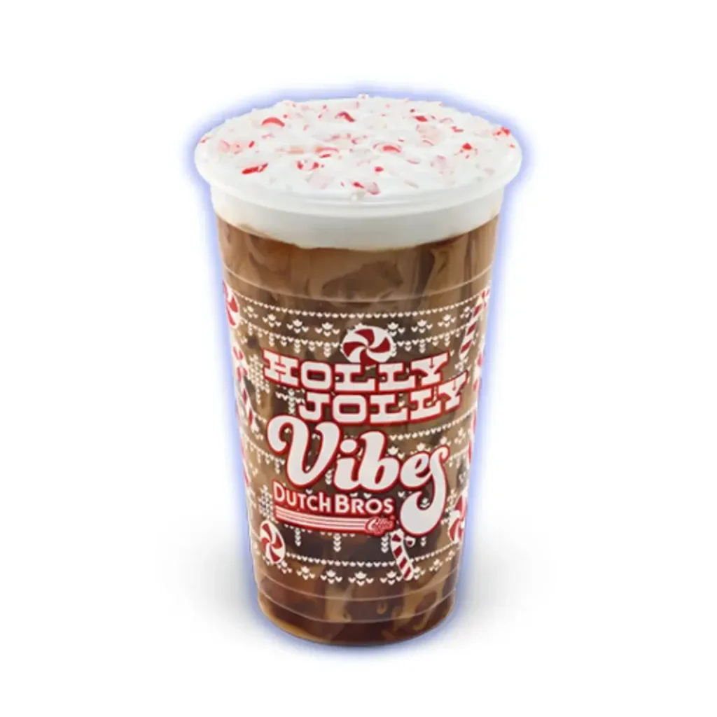 Dutch Bros Seasonal Menu: 10 Iced Candy Cane Mocha Cold Brew with whipped cream and mint drizzle.