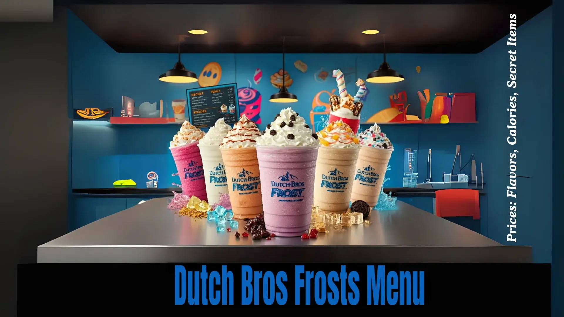 Colorful Dutch Bros Frost menu drinks with whipped cream and toppings.
