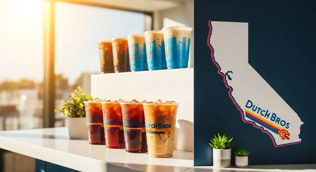 Dutch Bros Coffee Classics Menu Prices: Complete 7 Iced coffee drinks from Dutch Bros Coffee Classics menu with California pricing shown, served in clear logo cups with condensation.