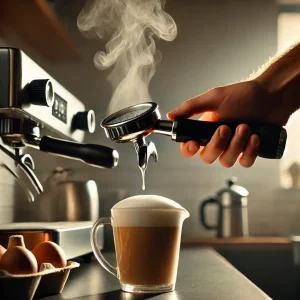 A man is steaming milk in the kitchen using a frothing pitcher and a steam wand.