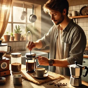 A man making white coffee at home.