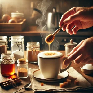 The process of sweetening and flavoring a freshly prepared coffee drink is shown in a cozy kitchen setting.