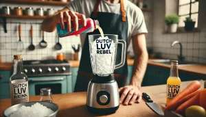 Dutch Luv Rebel: Ingredients, Caffeine Insights, Recipes, Reviews 3 Blender with crushed ice and energy drink being poured in a modern kitchen.