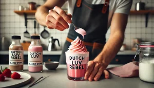 Dutch Luv Rebel: Ingredients, Caffeine Insights, Recipes, Reviews 6 Whipped topping being spooned onto a blended drink in a clear glass.