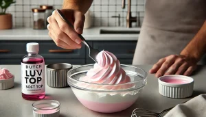 Dutch Luv Rebel: Ingredients, Caffeine Insights, Recipes, Reviews 5 Pink food coloring being folded into whipped topping in a glass bowl.
