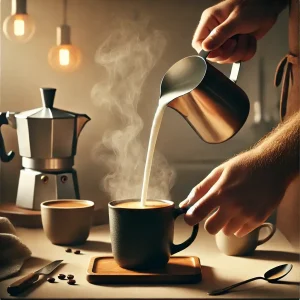 In a cozy home kitchen setting, a square composition captures the process of blending brewed coffee with steamed milk