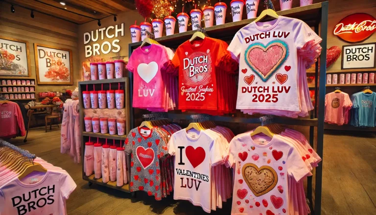 Display of Dutch Luv-themed shirts in pink, red, and white with heart motifs and Dutch Bros logos in a cozy café setting.