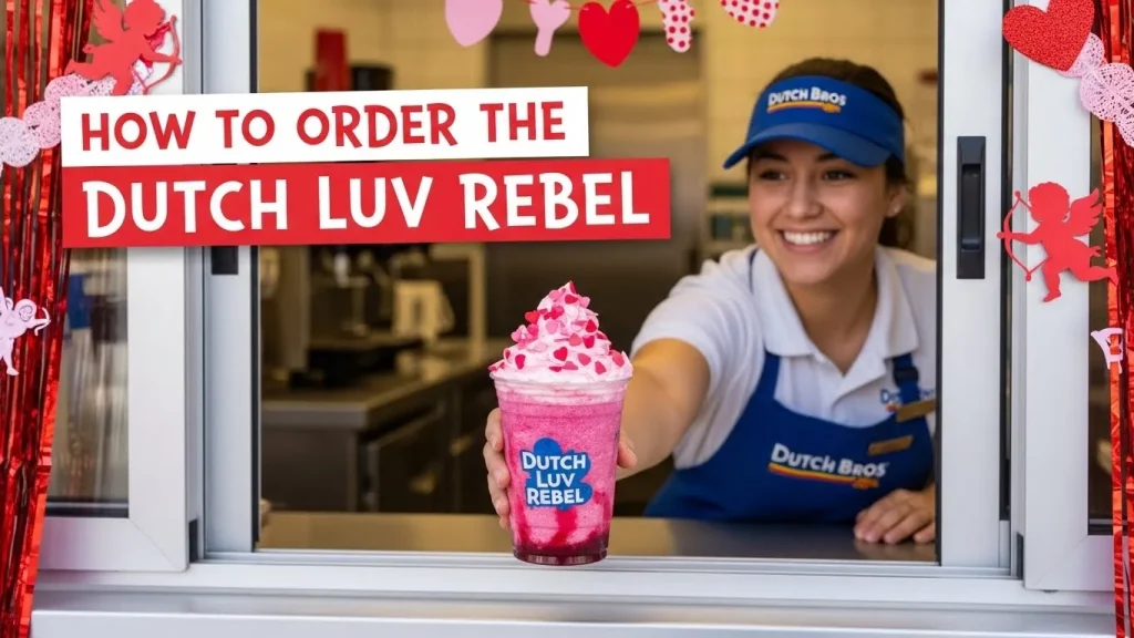 Dutch Luv Rebel: Ingredients, Caffeine Insights, Recipes, Reviews 3 Barista handing over a Dutch Luv Rebel with bright berry color and pink Soft Top, surrounded by Valentine decorations.