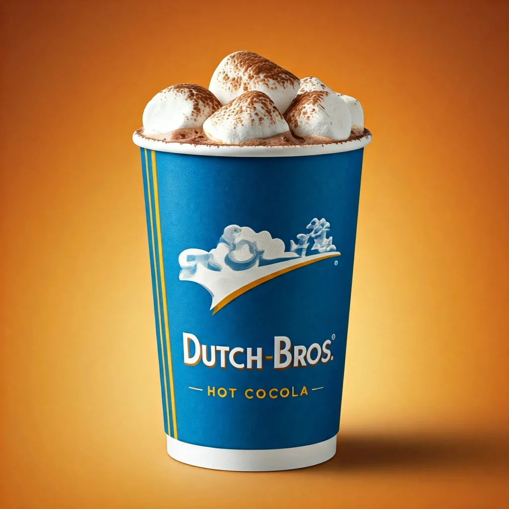 Dutch Bros Drinks to Sip Before Winter Hits 3 A dutch bros Hot Cocoa with dark yellow background.