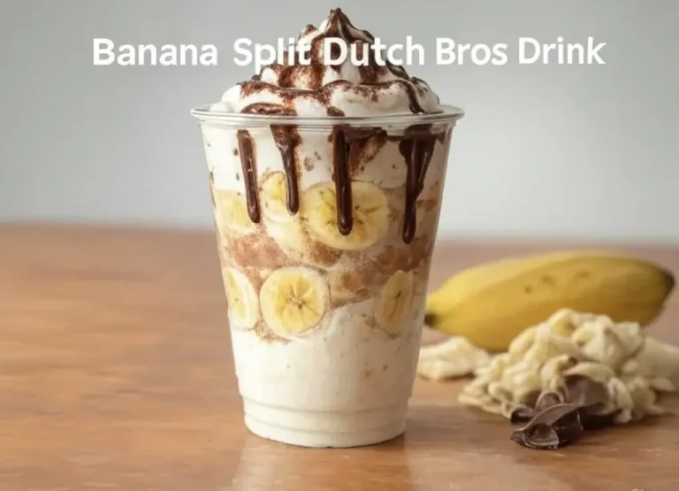 A banana split Dutch Bros drink is placed on a wooden table with text info.