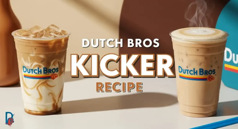 A creamy iced and hot Dutch Bros Kicker coffee on a sunlit counter, topped with smooth foam and a blue straw, featuring bold text that reads “Dutch Bros Kicker Recipe” in caramel and white lettering, styled in a modern café theme.