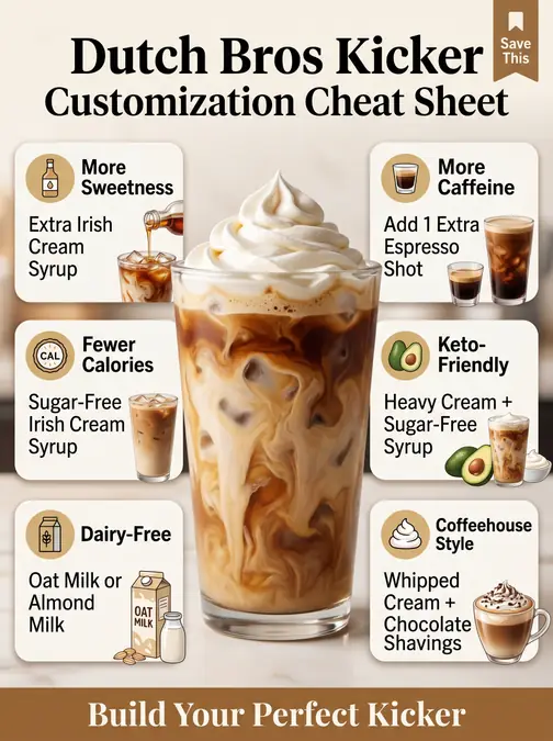 Dutch Bros Kicker Recipe: 9 Dutch Bros Kicker customization cheat sheet showing ways to make the drink sweeter, stronger, lower calorie, keto-friendly, dairy-free, or coffeehouse-style at home.