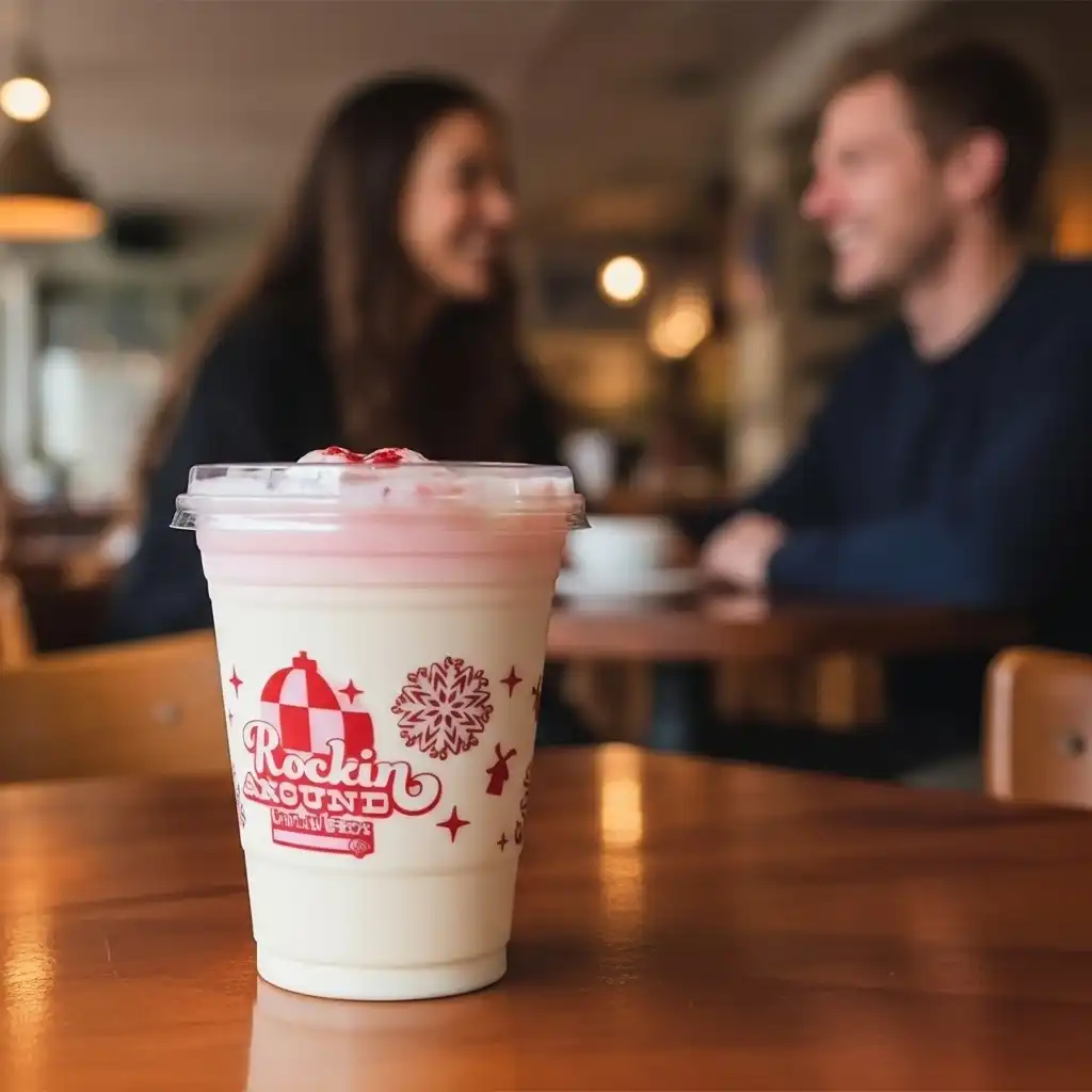 A Dutch Bros Christmas Morning Chai in front of a couple on a coffee shop.