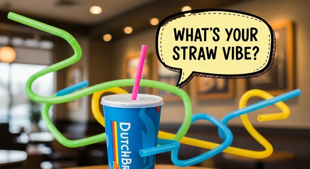 Dutch Bros Straw Code – Myths, Meanings, and about Colors 3 A Dutch Bros cup with a pink straw in the foreground, colorful straws (green, blue, yellow) swirling in the background, and a speech bubble with "What's your straw vibe?" in bold, handwritten text, all on a warm coffee-shop-themed background.
