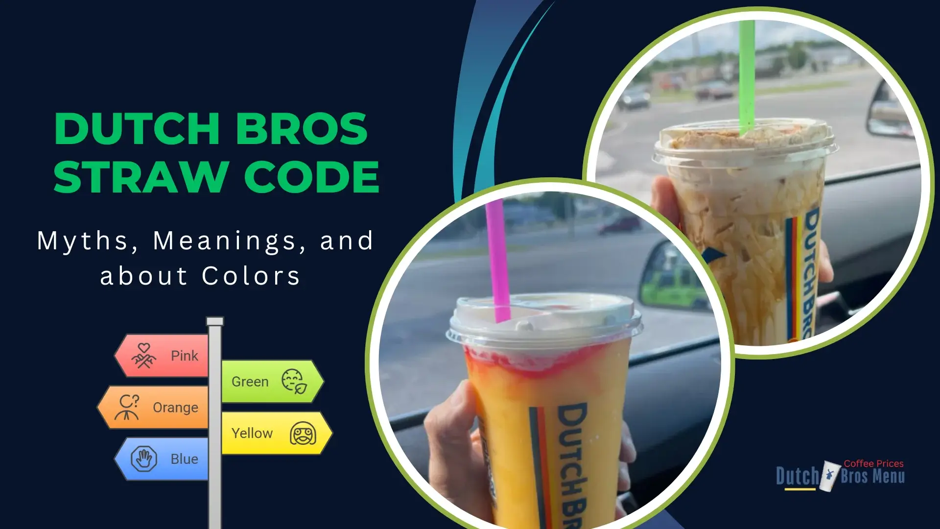 A Dutch Bros Straw Code with colors info banner with text Myths, Meanings, and about Colors