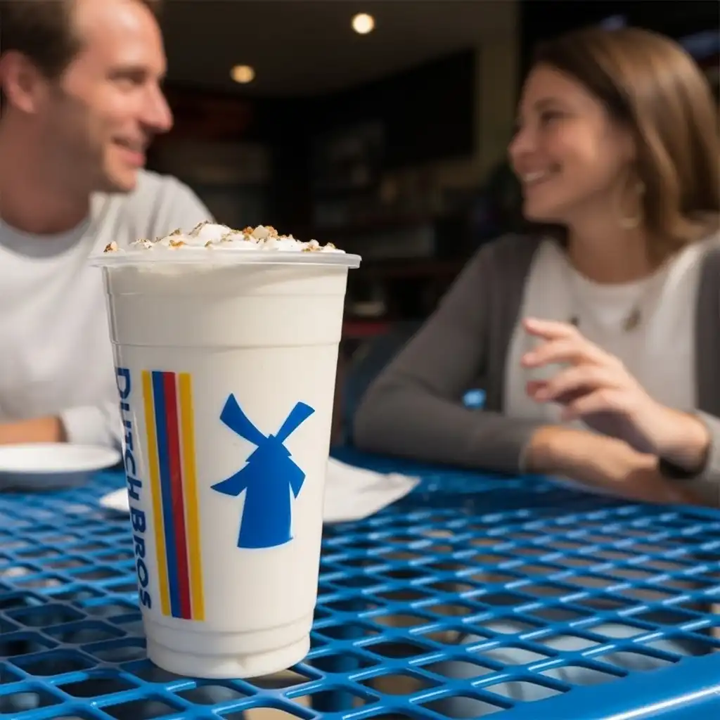 A couple smiling and talking with Snickerdoodle Chai on a blue table at coffee shop 