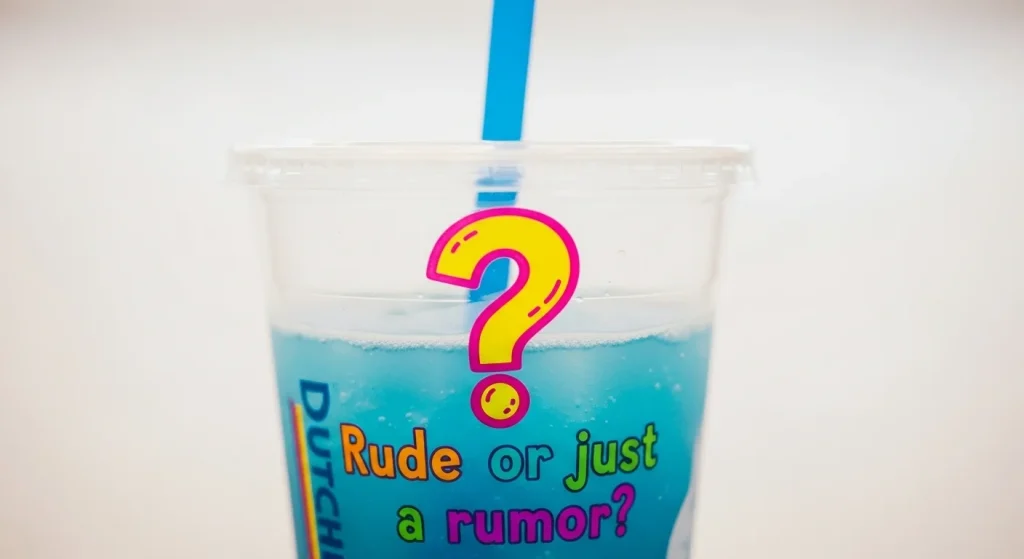 Dutch Bros Straw Code – Myths, Meanings, and about Colors 6 A blue straw in a Dutch Bros coffee cup, surrounded by a question mark and the text "Rude or just a rumor?" in vibrant colors.