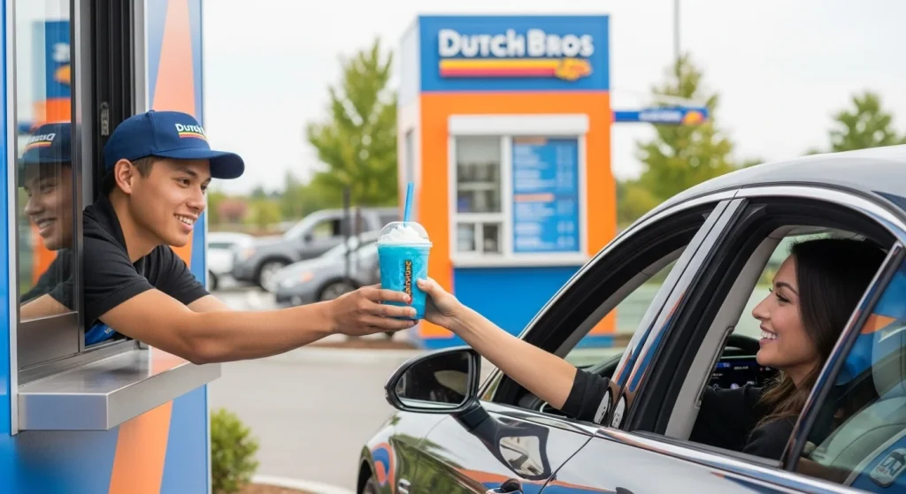 Dutch Bros Straw Code – Myths, Meanings, and about Colors 2 A woman receiving a blue straw code drink from dutch bros drive through.