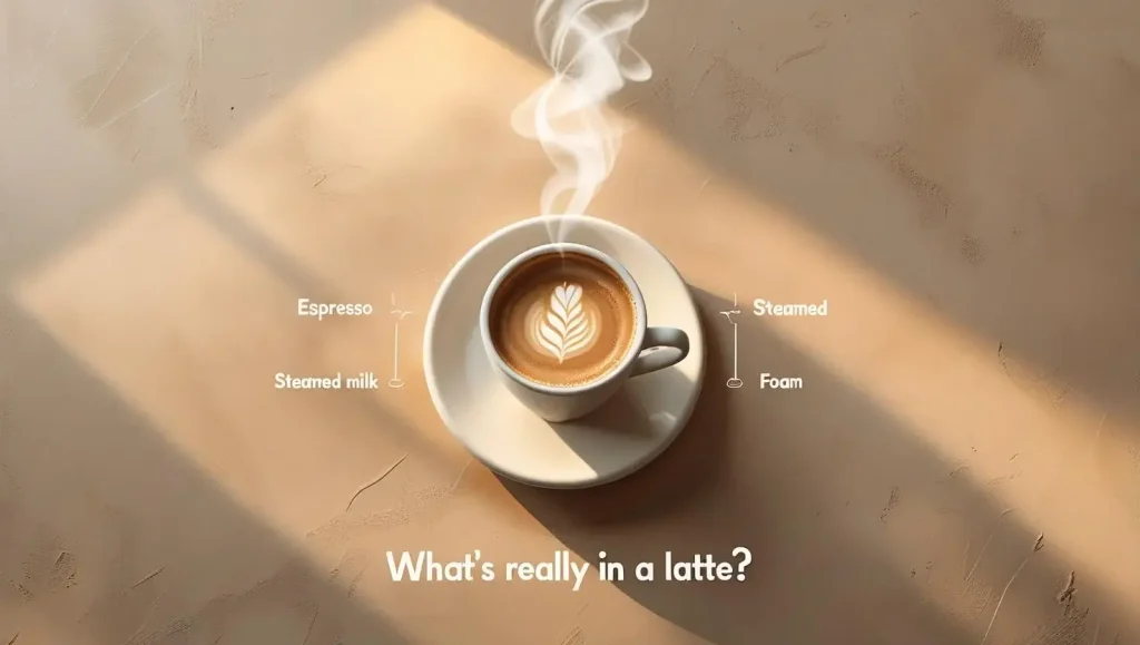 Dutch Bros Drinks to Sip Before Winter Hits 2 Top-down view of a latte with steam, labeled parts showing espresso, steamed milk, and foam, with text reading, What’s Really in a Latte.