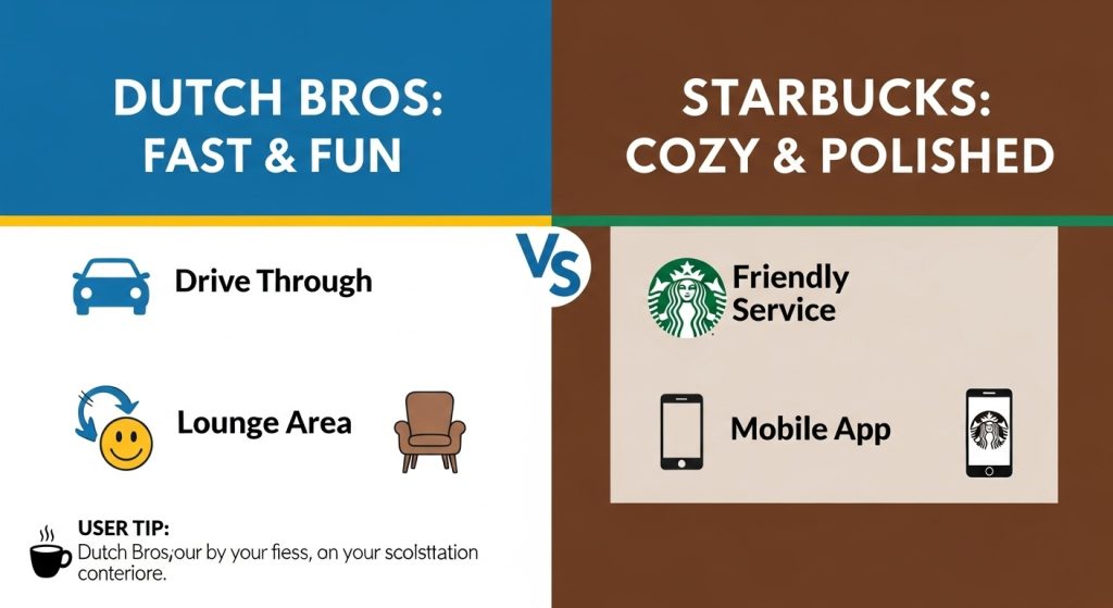 Comparisons with Competitors: Dutch Bros vs Starbucks Showdown 6 Infographic comparing Dutch Bros and Starbucks customer experiences. Left side, in blue and yellow, lists Dutch Bros: