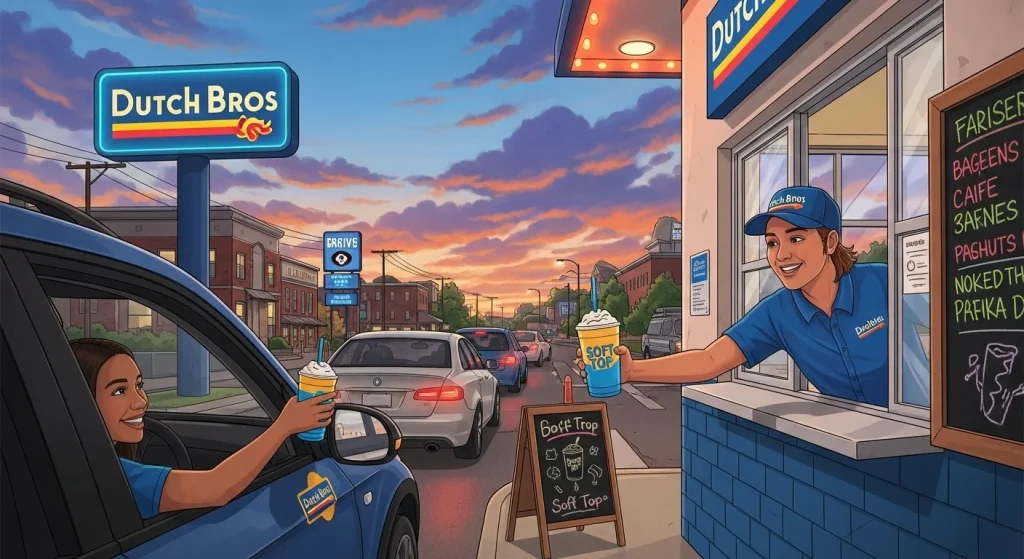 Comparisons with Competitors: Dutch Bros vs Starbucks Showdown 3 Realistic illustration of a Dutch Bros drive-through at dusk. A cheerful broista hands a colorful drink with Soft Top® foam to a smiling customer in a car.