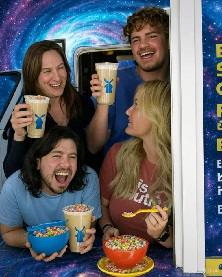 A group of four people smiling and holding Dutch Bros drinks and bowls of cereal with a vibrant cosmic galaxy background.