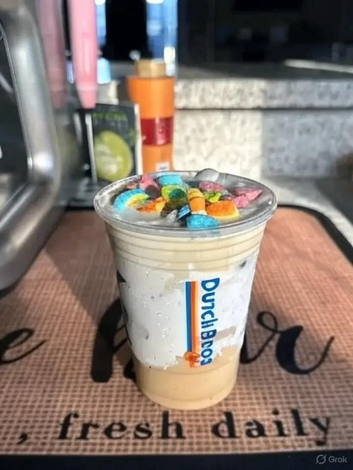 A close-up of a Dutch Bros drink topped with colorful cereal pieces, placed on a textured mat with a clean, bright background