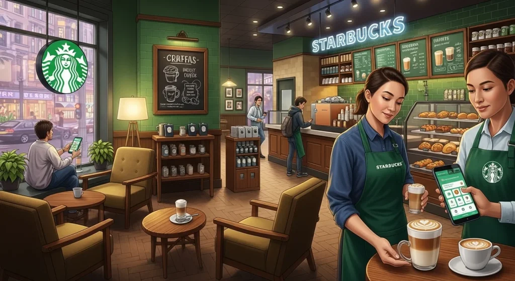 Comparisons with Competitors: Dutch Bros vs Starbucks Showdown 4 Realistic illustration of a Starbucks coffeehouse in an urban setting during morning rush. A barista hands a latte with foam art to a customer using the mobile app.