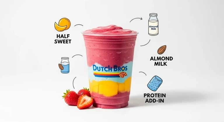 Colorful Dutch Bros smoothie with customization icons like half sweet, almond milk, and protein add-in.