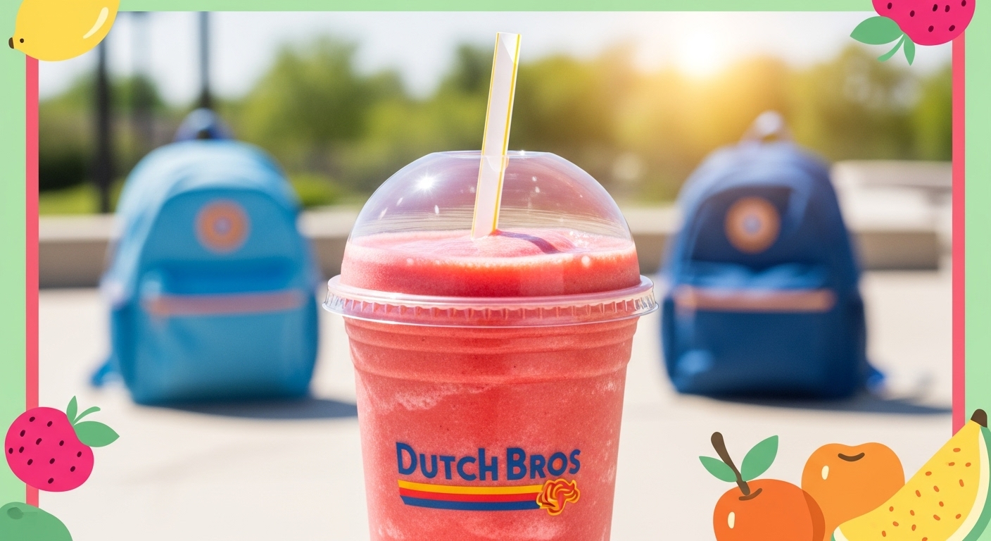 Bright Dutch Bros strawberry smoothie with fruits and school backpacks in the background.