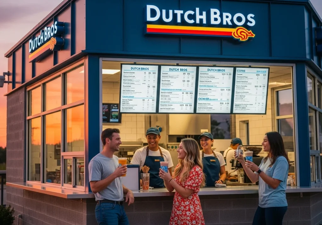 A vibrant Dutch Bros coffee stand at sunset, with happy customers holding colorful drinks, baristas smiling, and glowing menu boards showing prices. Bright colors, warm lighting, photorealistic style, shallow depth of field.