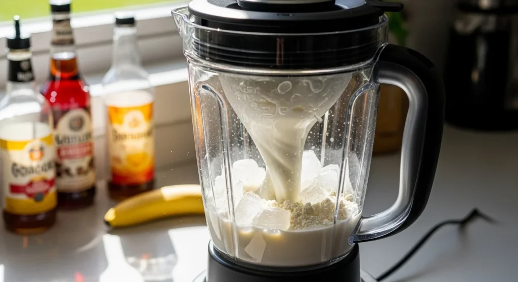 9 Dutch Bros Protein Shakes for a Lean Energy Boost 4 Blender filled with protein shake ingredients on a kitchen counter.